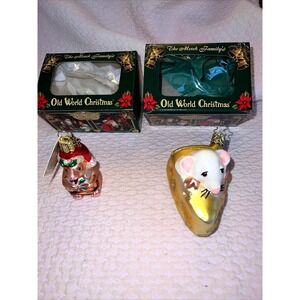 2 MERCK FAMILY CHRISTMAS Old‎ World christmas Mouse Glass Ornament  2001 Vintage